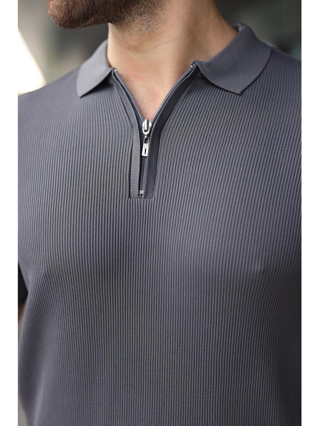 Antrasit Yarım Fermuarlı Polo Yaka Triko Erkek Tişört E74e59-2