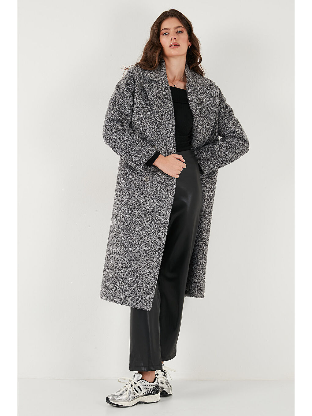 Antrasit Oversize Fit Mono Yaka Düğmeli Buklet Uzun Kaşe Kaban 6810236-4