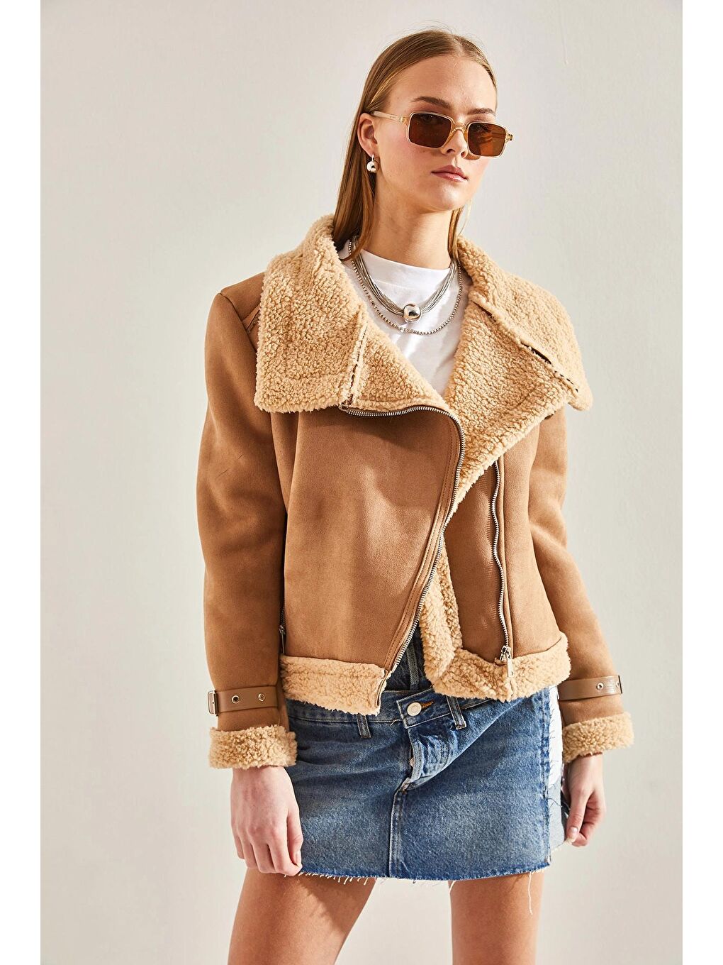 Bej Kadın Üç Kemerli Süet Lamine Biker Mont 2344 60101007-4