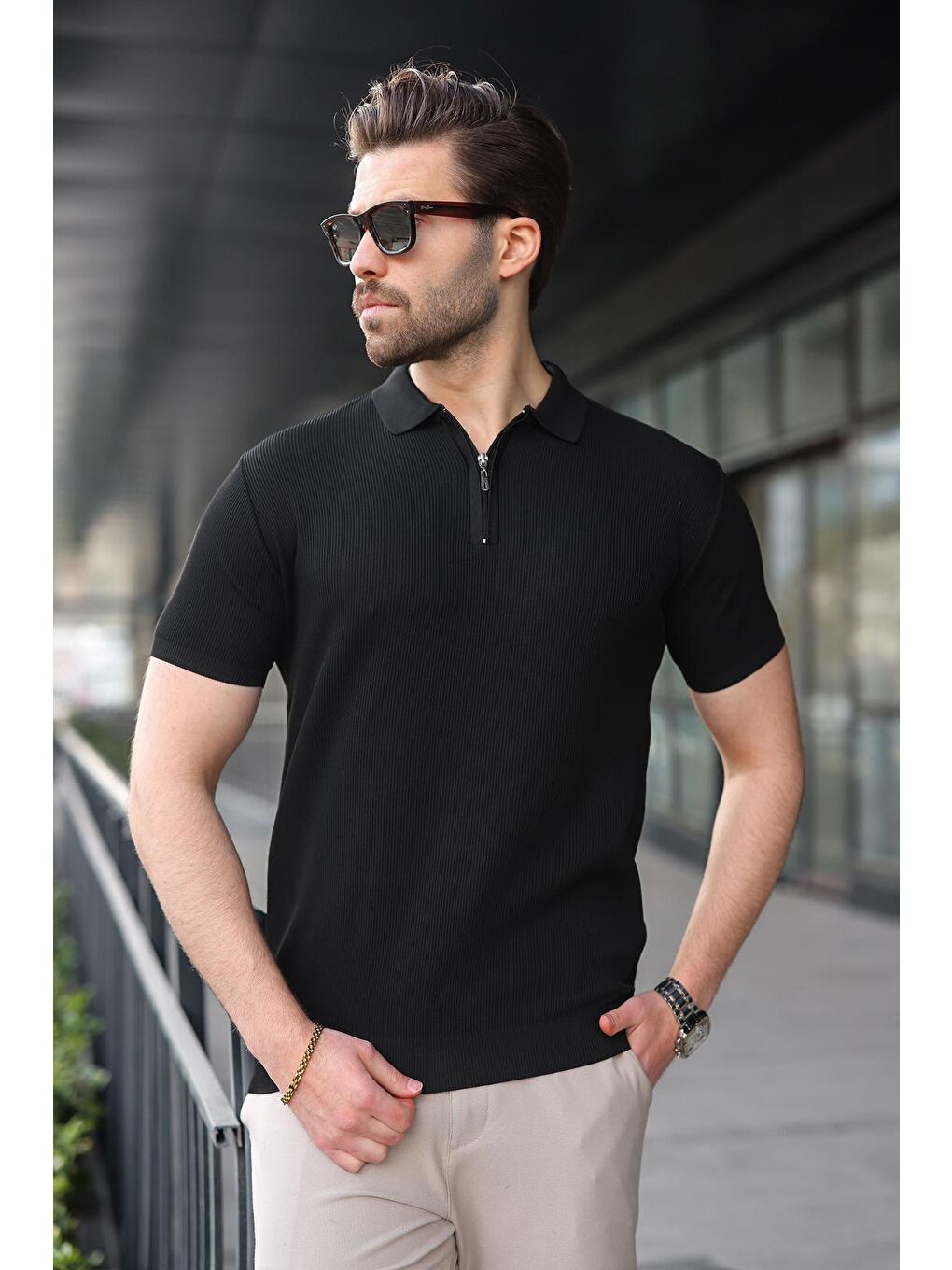 Siyah Yarım Fermuarlı Polo Yaka Triko Erkek Tişört E74e59-2