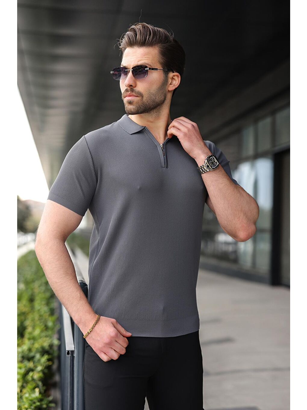 Antrasit Yarım Fermuarlı Polo Yaka Triko Erkek Tişört E74e59-3
