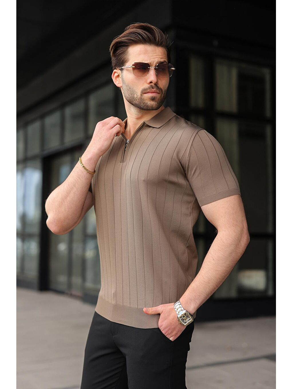 Açık Kahverengi Yarım Fermuarlı Polo Yaka Triko Erkek Tişört E7298-1