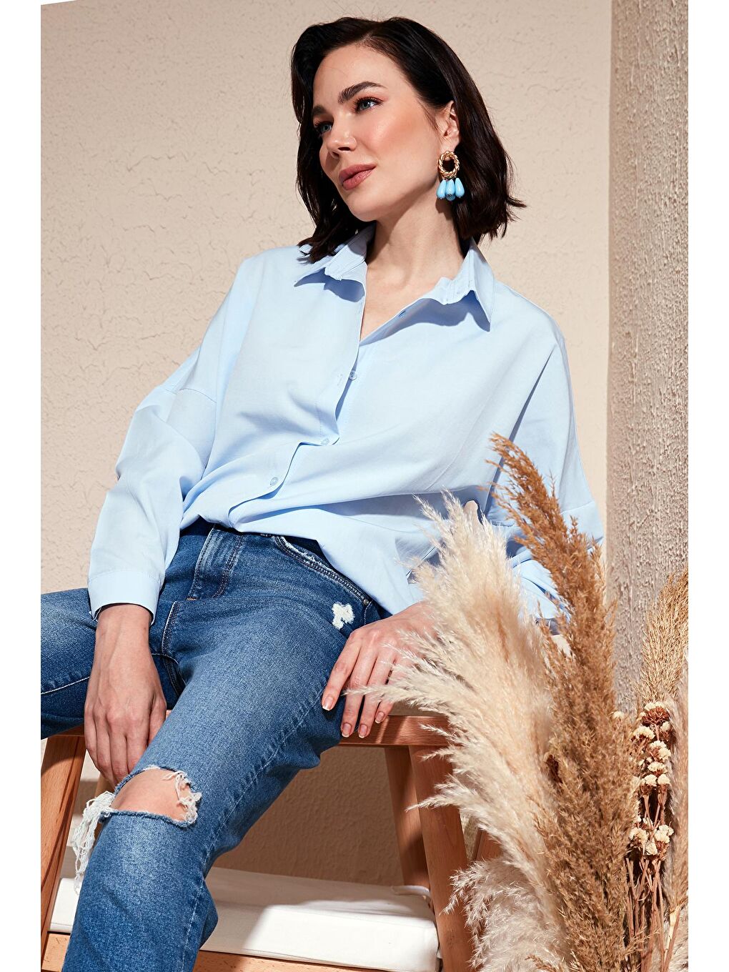 Mavi Pamuklu Relaxed Fit Düşük Omuz Kadın Gömlek 66939002S4