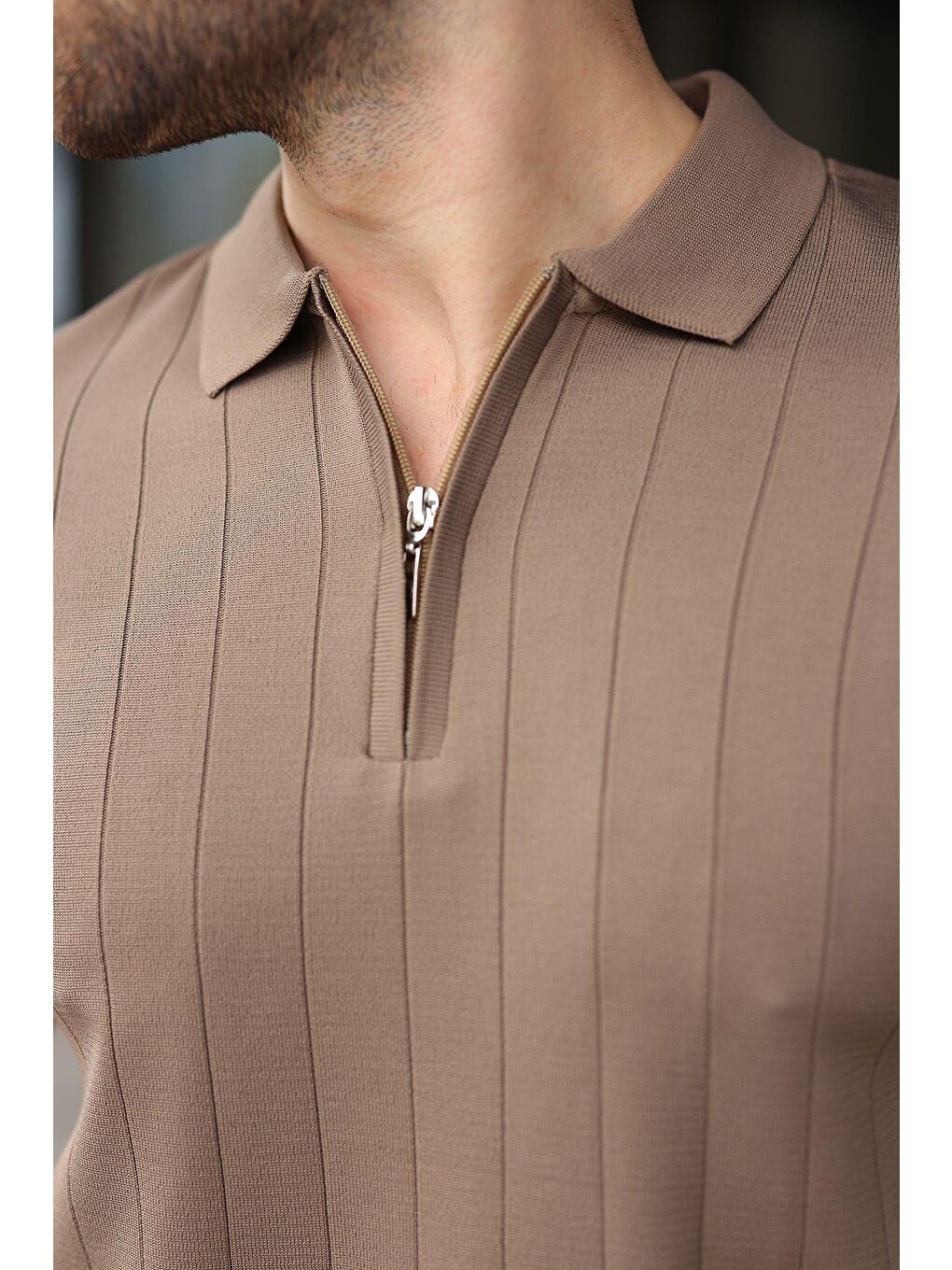 Açık Kahverengi Yarım Fermuarlı Polo Yaka Triko Erkek Tişört E7298-2