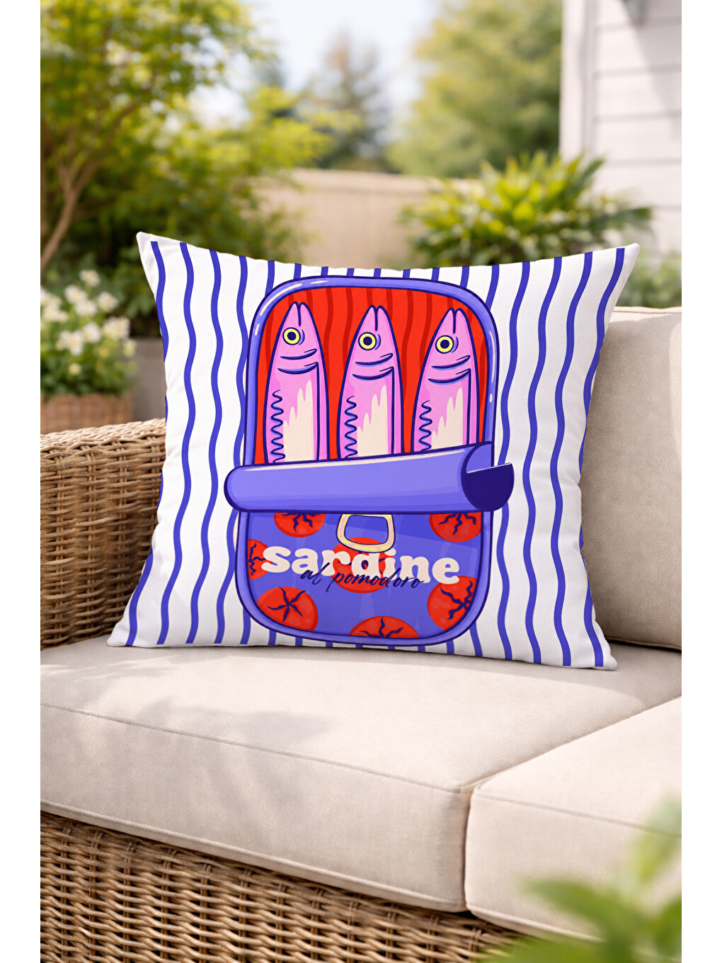 Beyaz Sardine Balık Konservesi Desenli Dekoratif Kırlent Kılıfı Marin Yazlık Dekor 43x43 Cm-5