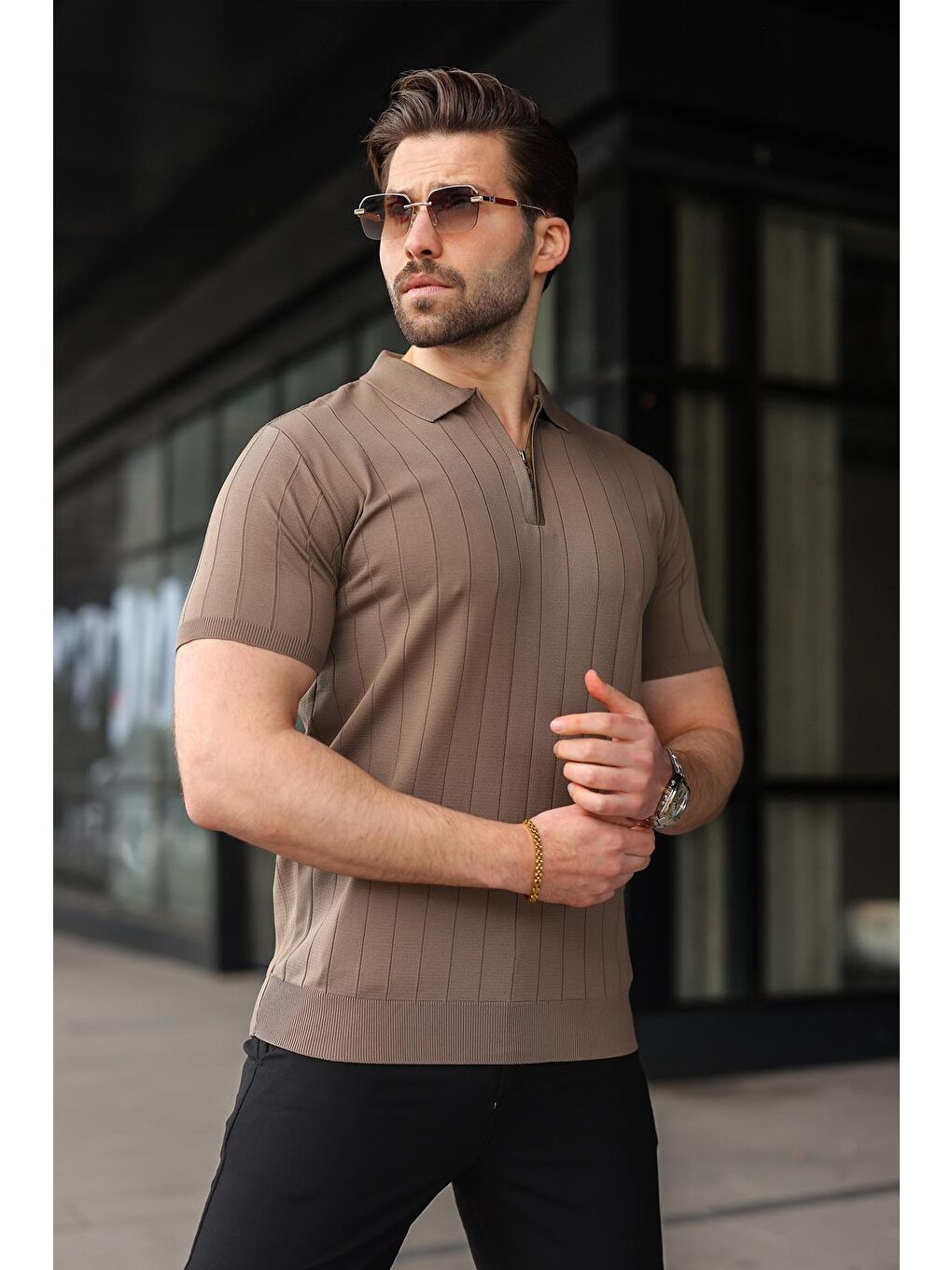 Açık Kahverengi Yarım Fermuarlı Polo Yaka Triko Erkek Tişört E7298-3