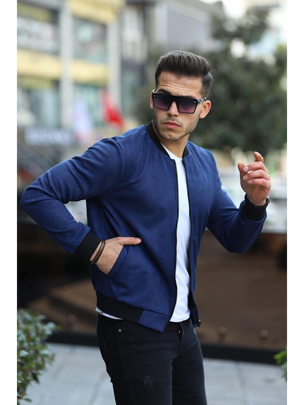 Lacivert Erkek Dar Kesim Nubuk Süet Astarsız Elastanlı Su Itici Kolej Ceket-1