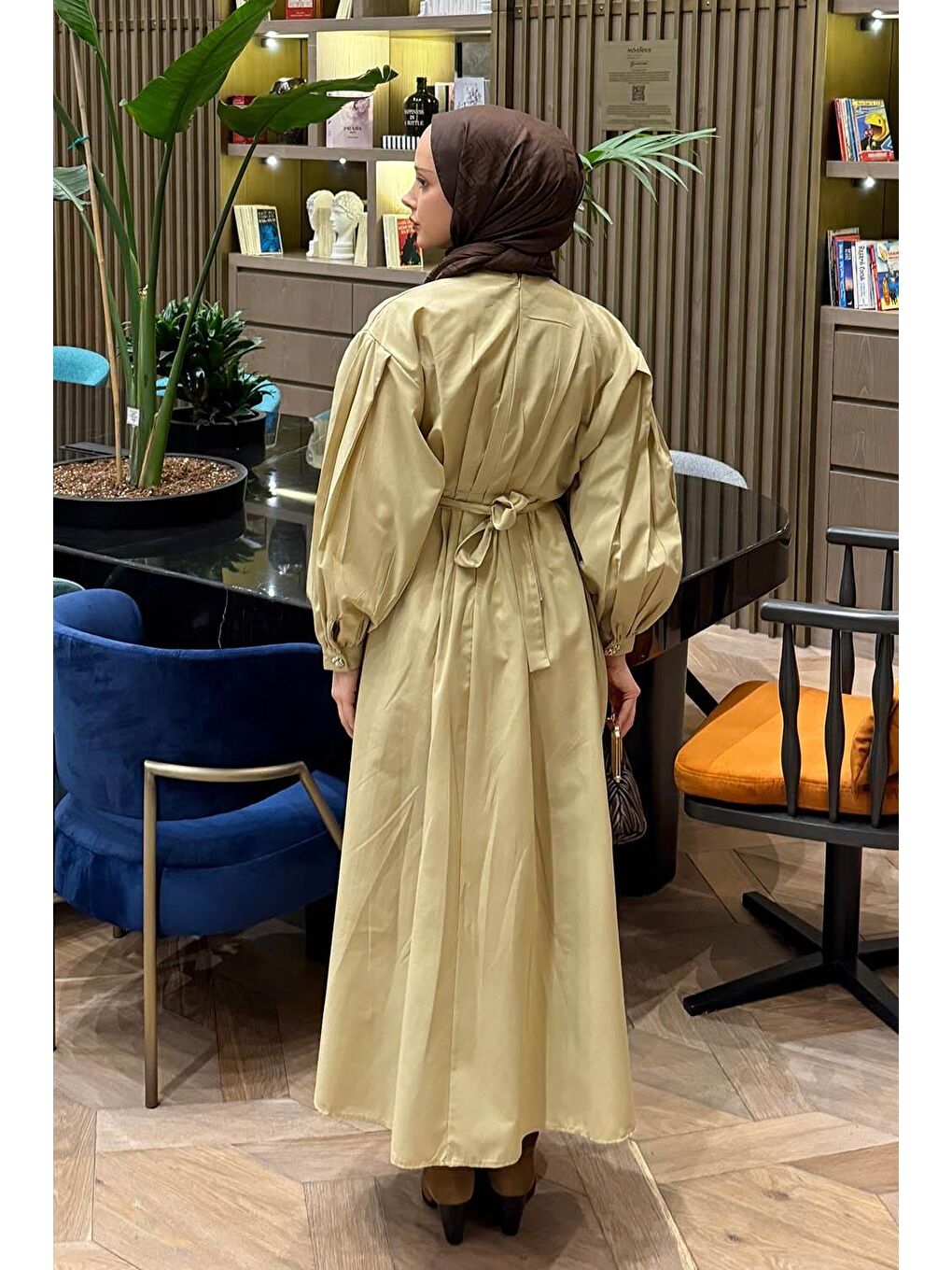 Pileli Poplin Elbise Bej-3