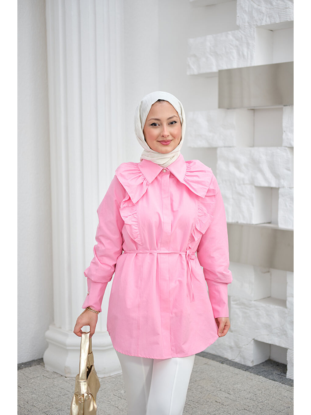 Kadın Yaka Büzgülü Bel Bağlamalı Poplin Gömlek Pembe