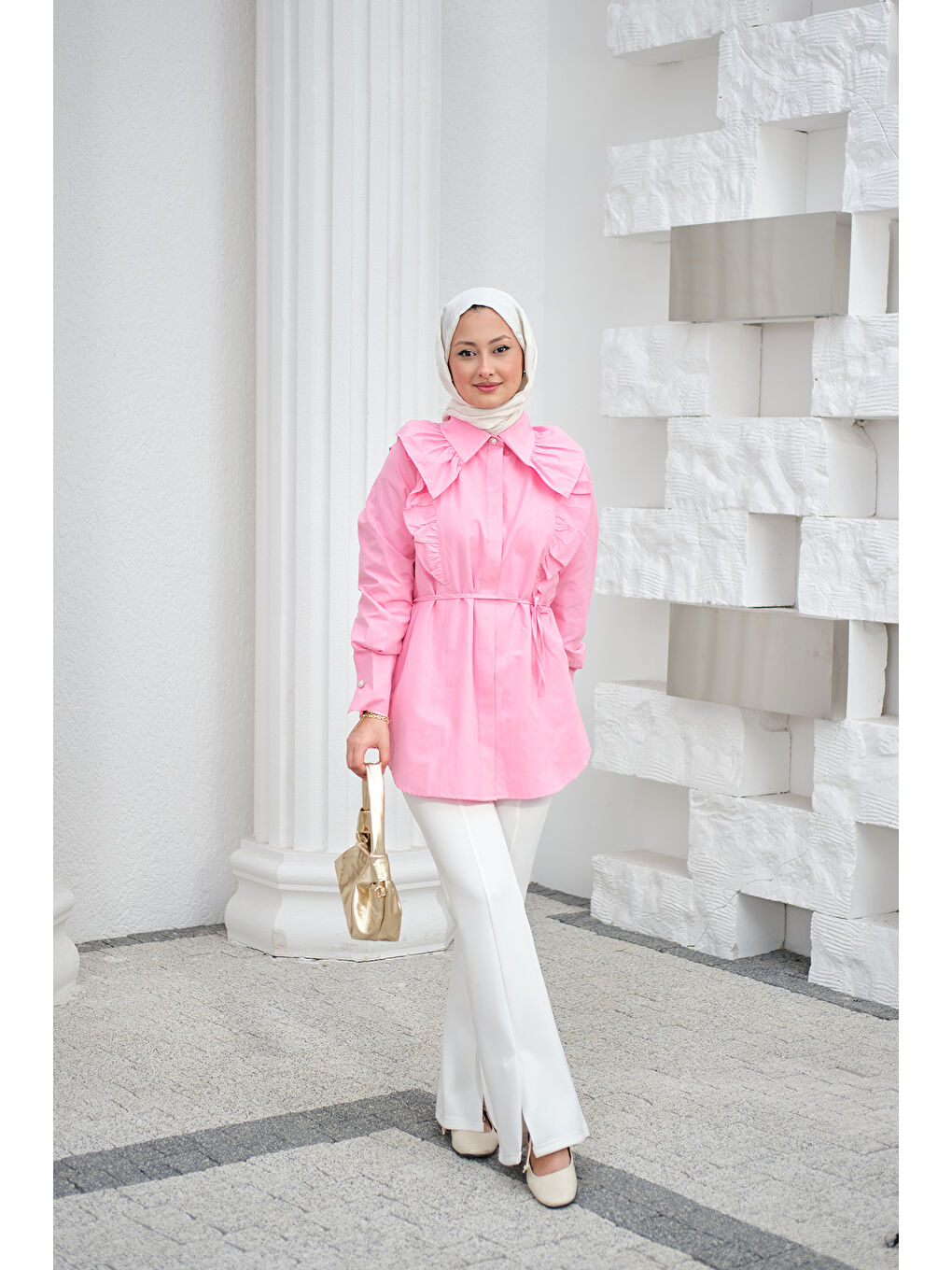 Kadın Yaka Büzgülü Bel Bağlamalı Poplin Gömlek Pembe-1