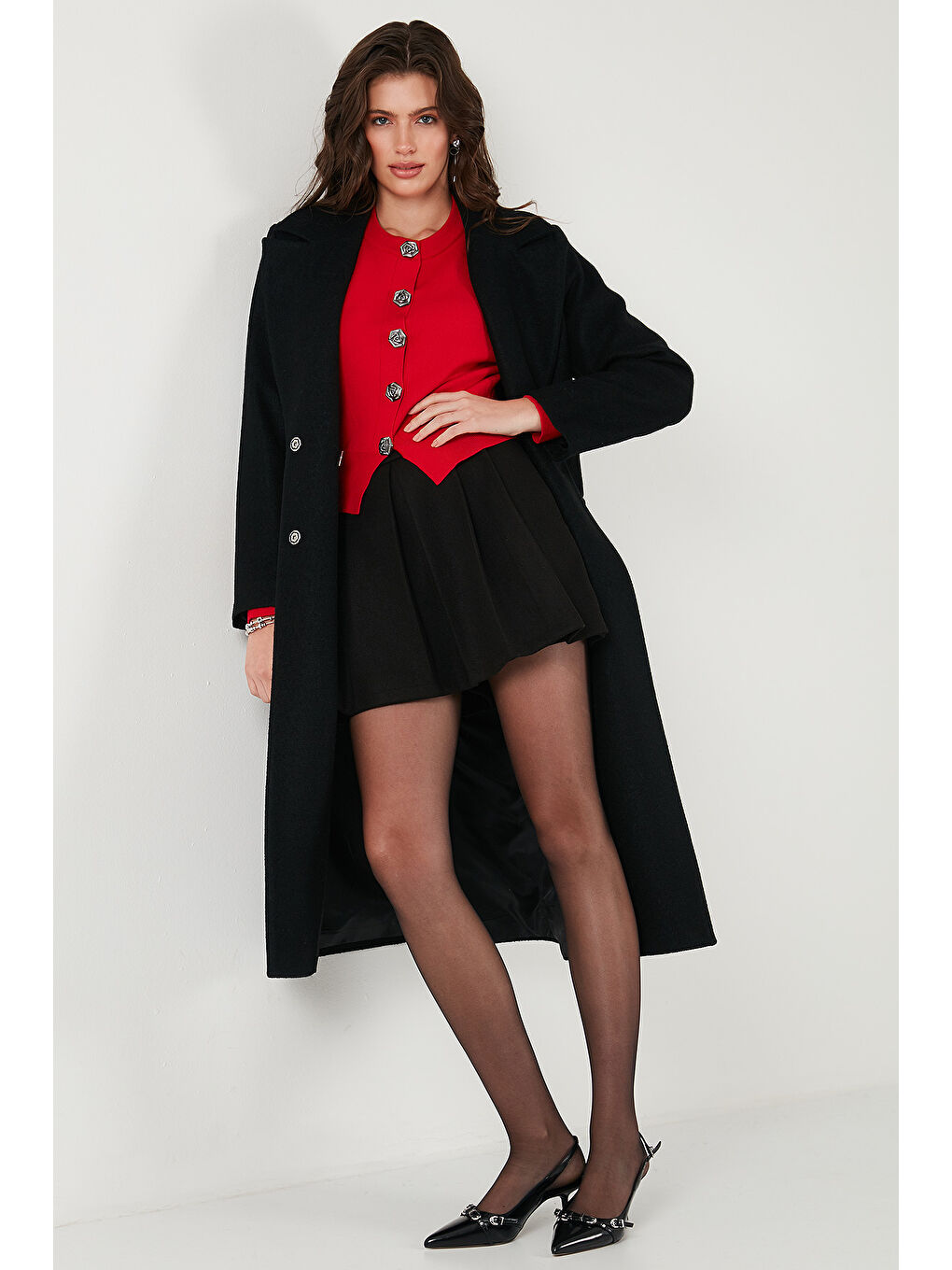 Siyah Yün Karışımlı Oversize Kruvaze Yaka Yırtmaçlı Uzun Kadın Kaşe Kaban 6810235-3