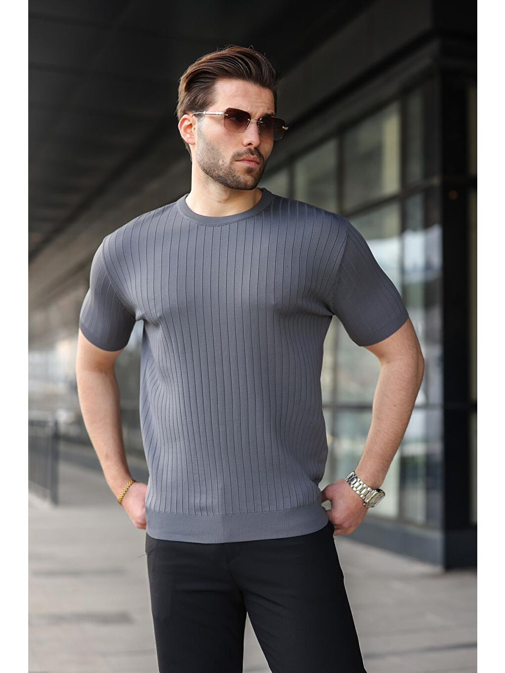 Antrasit Bisiklet Yaka Triko Erkek Tişört E7460