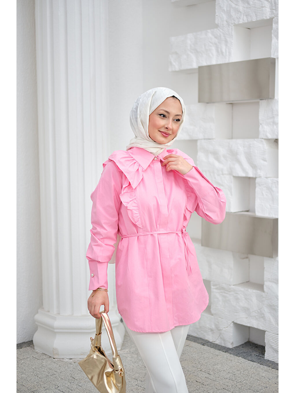 Kadın Yaka Büzgülü Bel Bağlamalı Poplin Gömlek Pembe-2