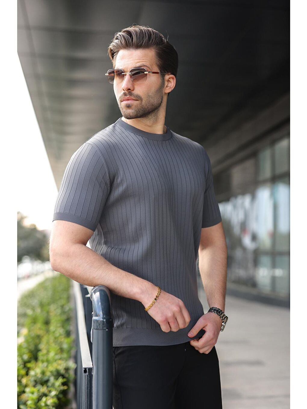 Antrasit Bisiklet Yaka Triko Erkek Tişört E7460-2