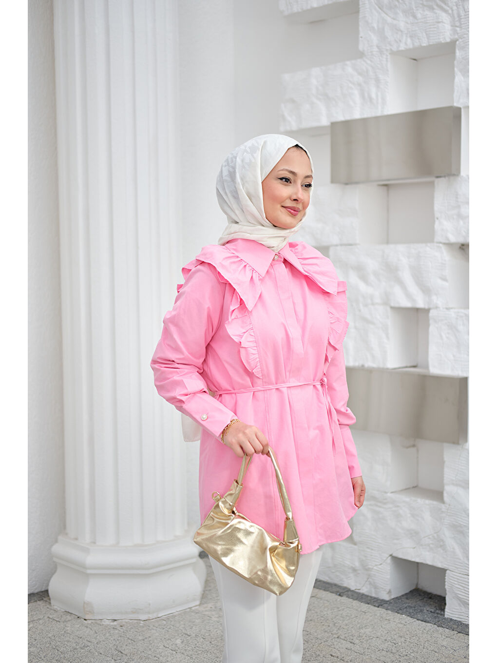 Kadın Yaka Büzgülü Bel Bağlamalı Poplin Gömlek Pembe-3