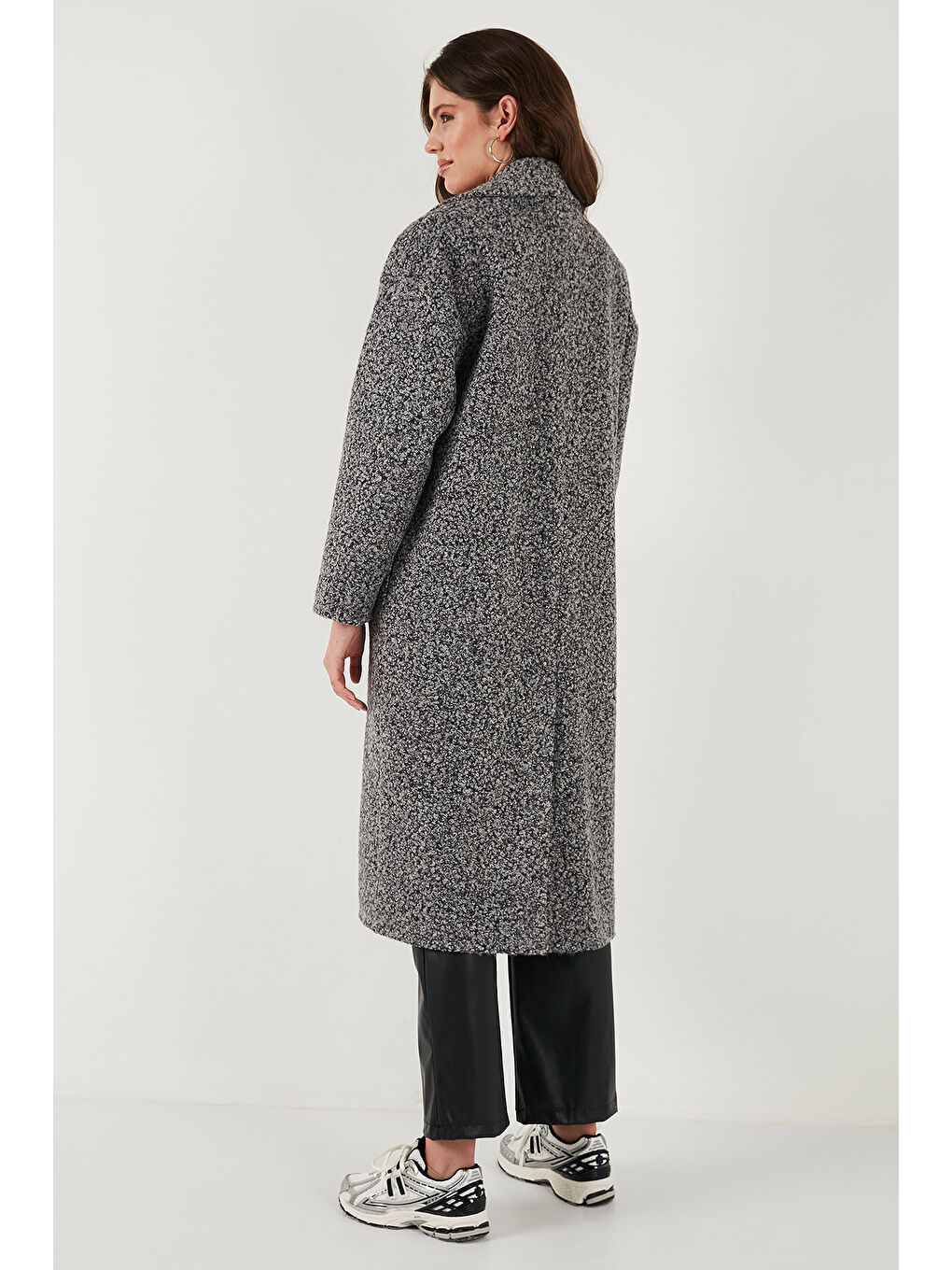 Antrasit Oversize Fit Mono Yaka Düğmeli Buklet Uzun Kaşe Kaban 6810236-6