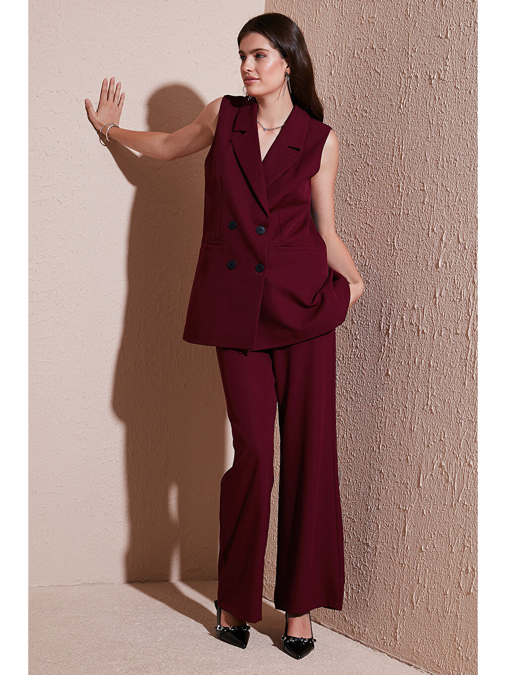 Bordo Wide Leg Orta Yüksek Bel Bol Paça Kadın Kumaş Pantolon 6522974