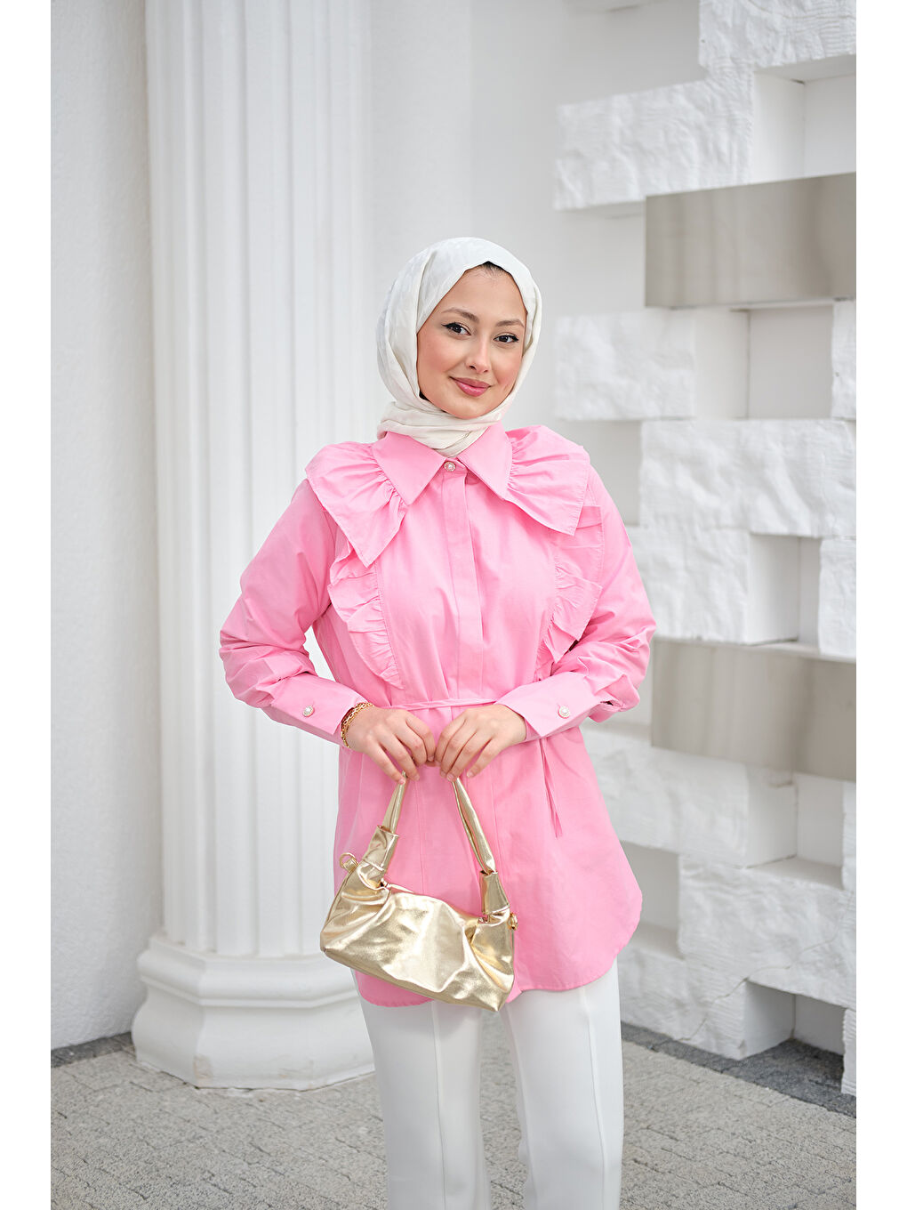 Kadın Yaka Büzgülü Bel Bağlamalı Poplin Gömlek Pembe-4