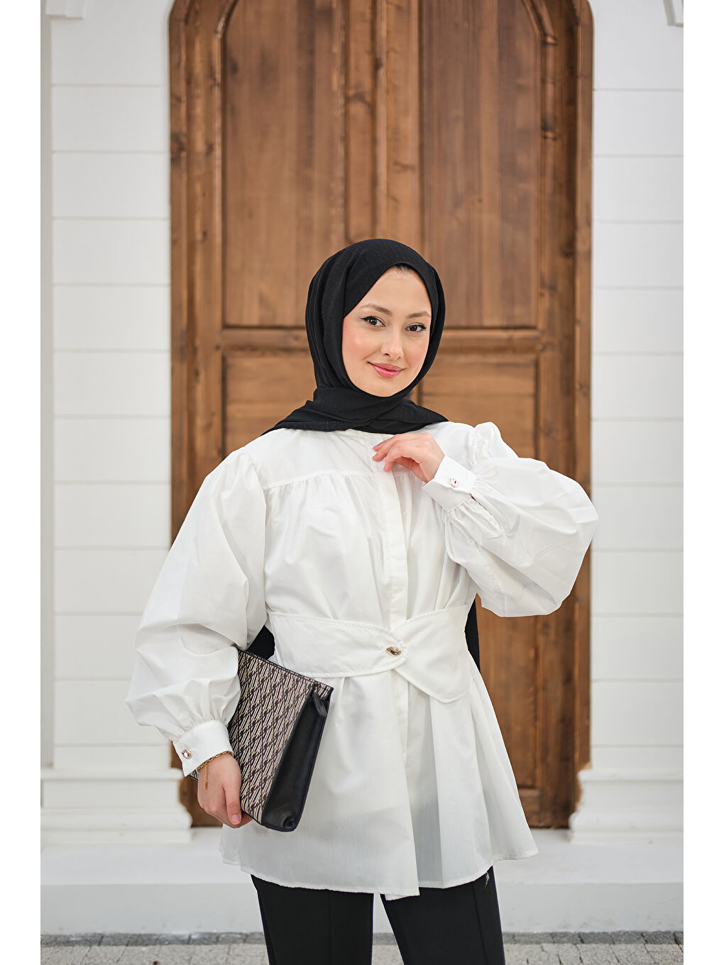 Kadın Korsaj Kemer Detaylı Büzgülü Gömlek Beyaz-2