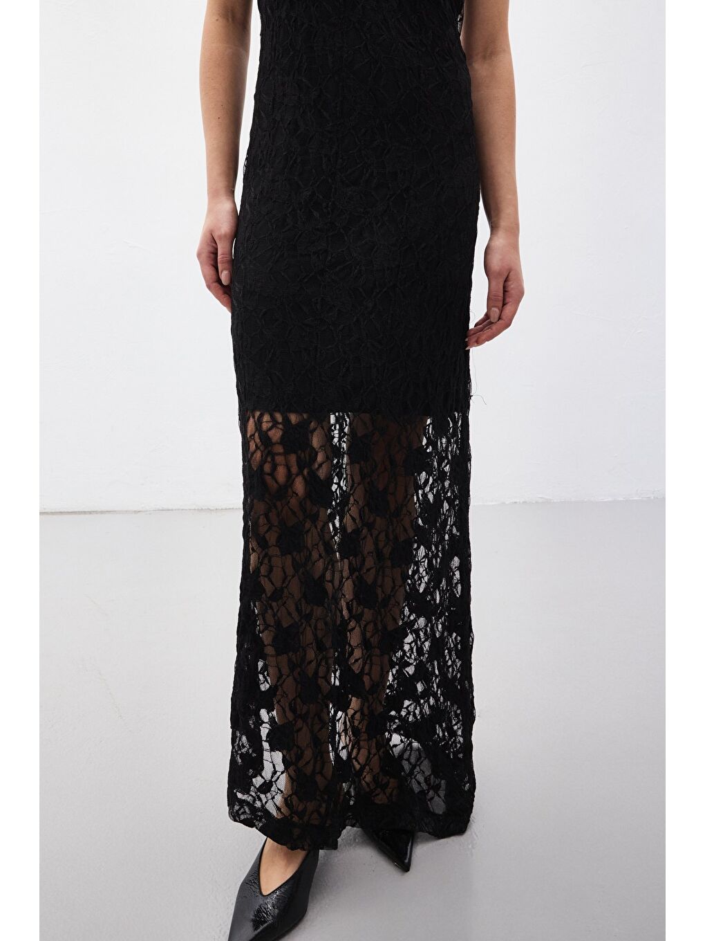 Dantel Kolsuz Elbise - Siyah-5