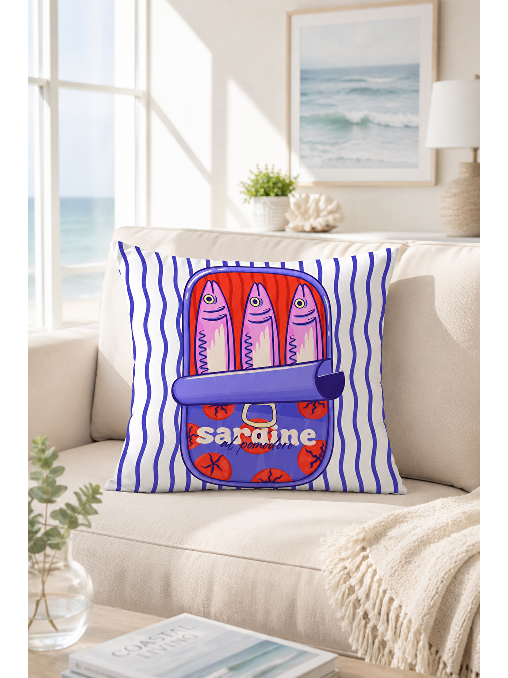 Beyaz Sardine Balık Konservesi Desenli Dekoratif Kırlent Kılıfı Marin Yazlık Dekor 43x43 Cm-6