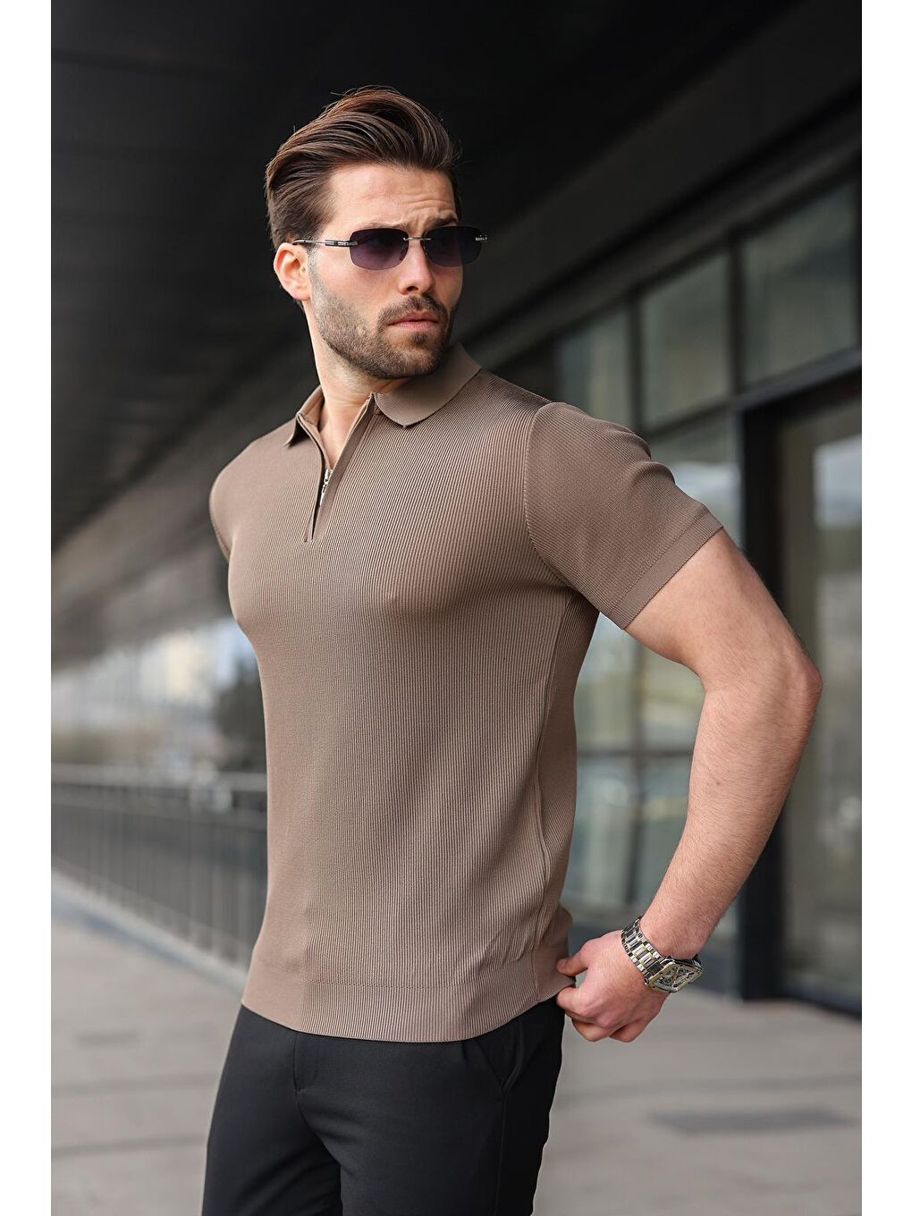 Açık Kahverengi Yarım Fermuarlı Polo Yaka Triko Erkek Tişört E74e59
