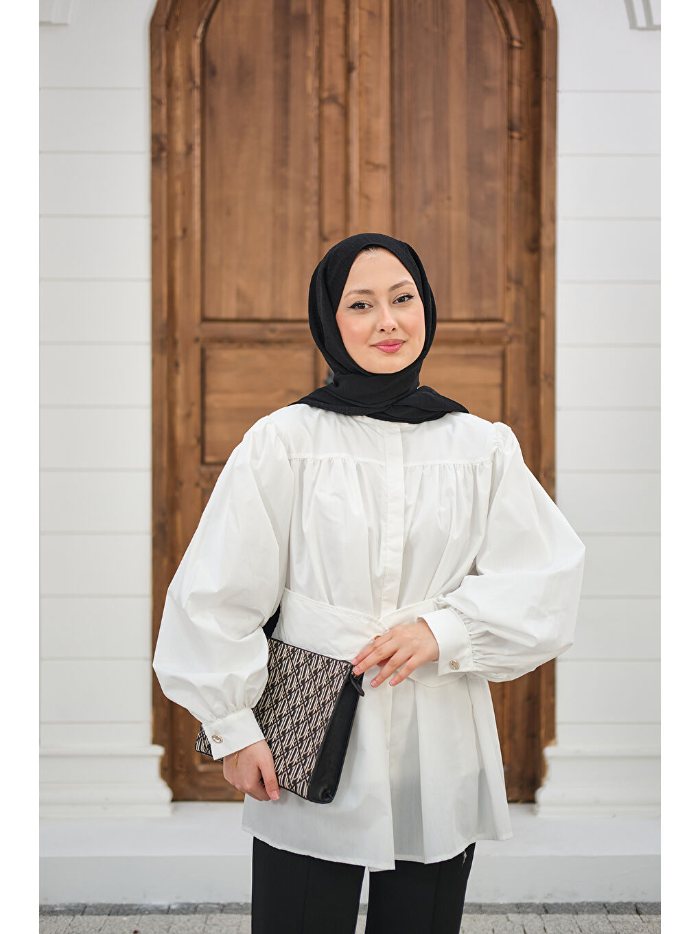 Kadın Korsaj Kemer Detaylı Büzgülü Gömlek Beyaz-3