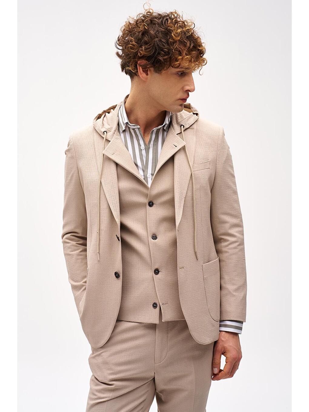 Erkek Bej Slim Fit / Dar Kalıp Mono Yaka Kombinli Takım Elbise