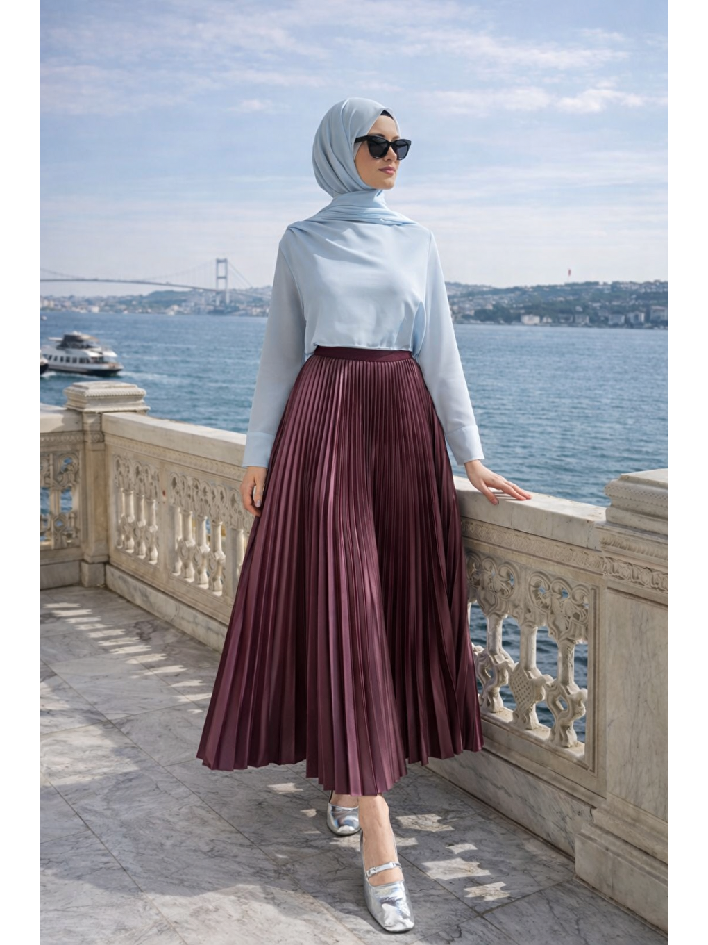 Kadın Premium Pileli Bordo Uzun Tesettür Etek