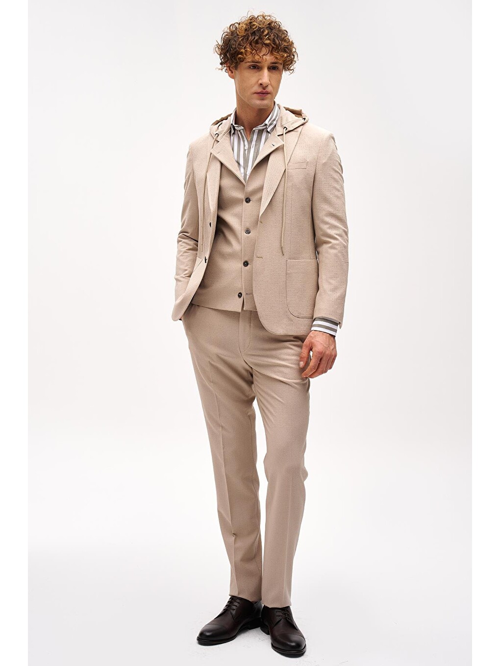 Erkek Bej Slim Fit / Dar Kalıp Mono Yaka Kombinli Takım Elbise-1