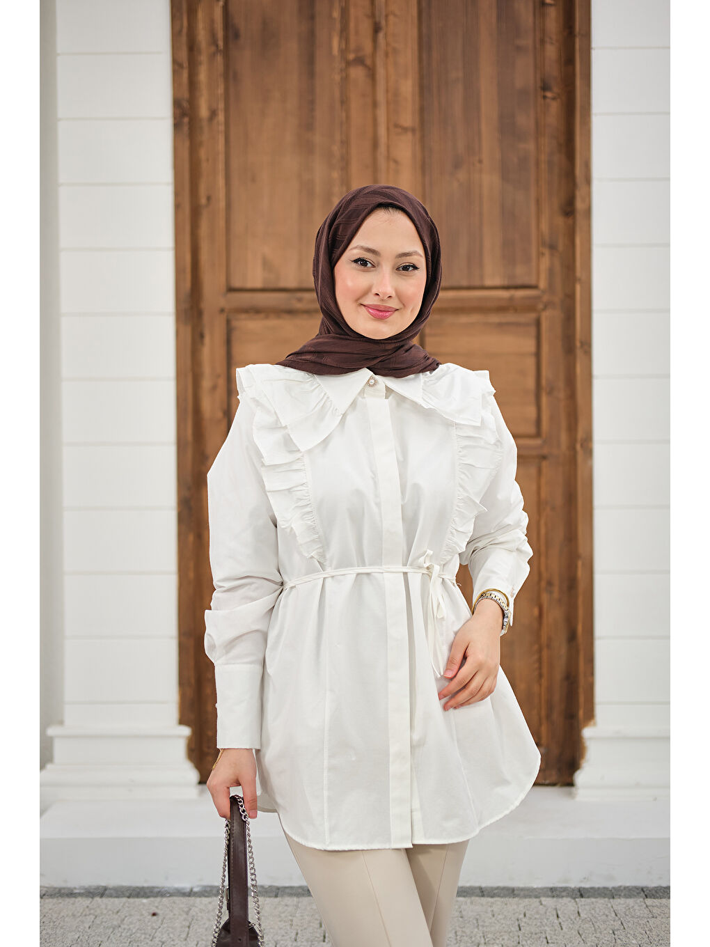 Kadın Yaka Büzgülü Bel Bağlamalı Poplin Gömlek Beyaz-2