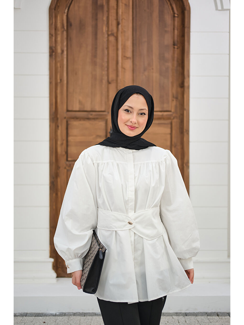 Kadın Korsaj Kemer Detaylı Büzgülü Gömlek Beyaz-4