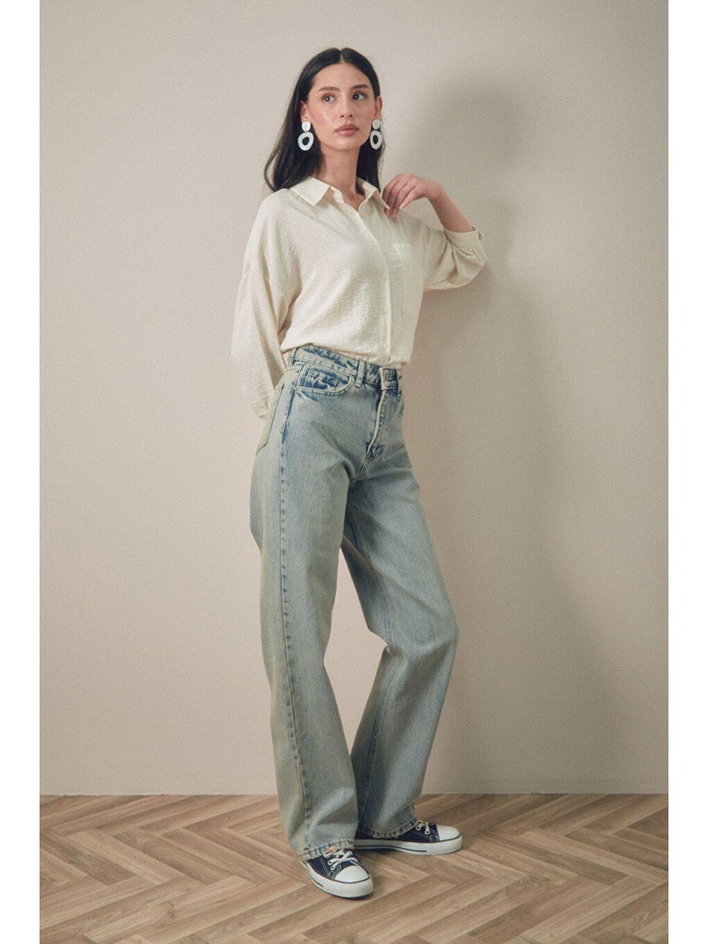 Fullamoda Mavi Eskitme Görünümlü Wide Leg Jean - 1