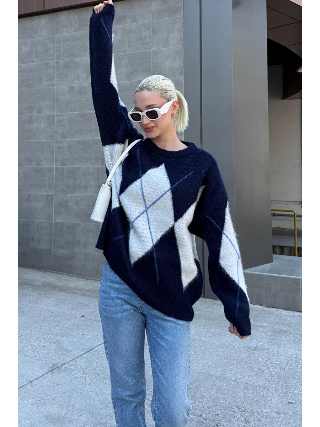 Lacivert Bisiklet Yaka Baklava Desen Kadın Kazak Mg2471-1