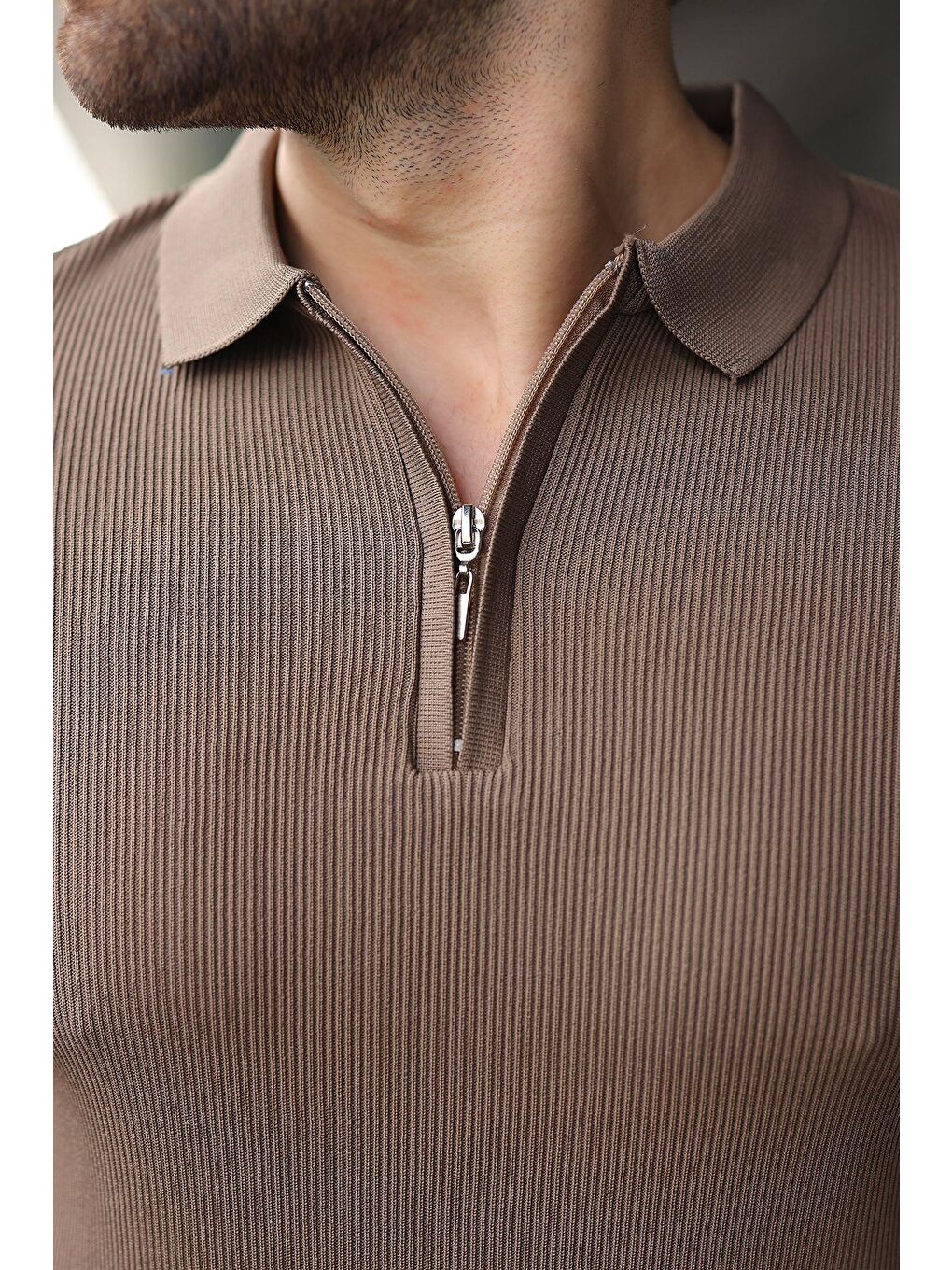 Açık Kahverengi Yarım Fermuarlı Polo Yaka Triko Erkek Tişört E74e59-1
