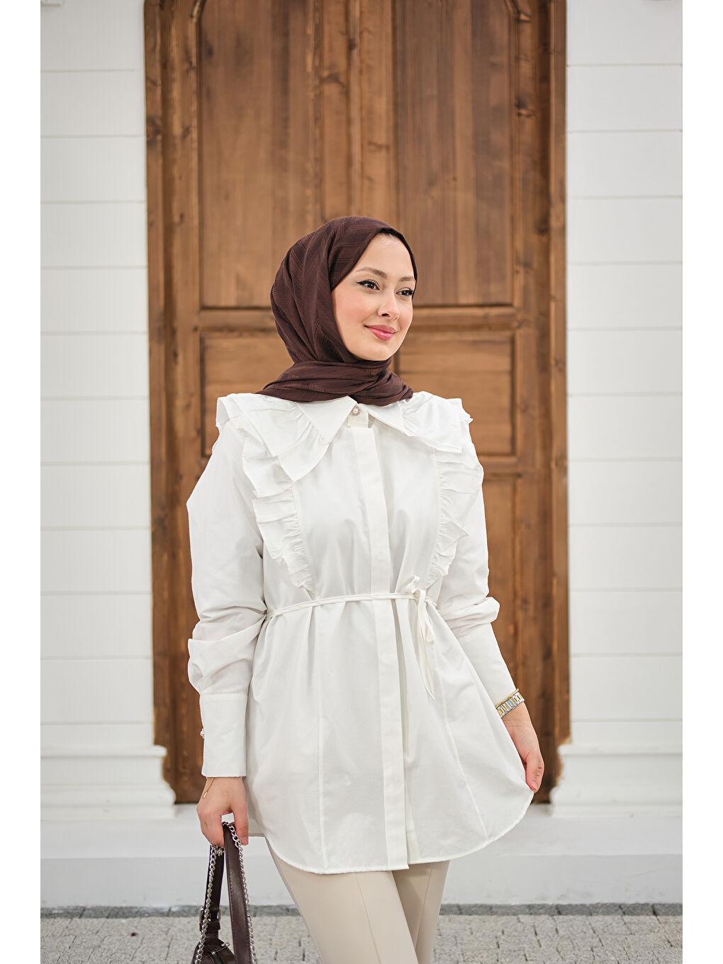 Kadın Yaka Büzgülü Bel Bağlamalı Poplin Gömlek Beyaz-3