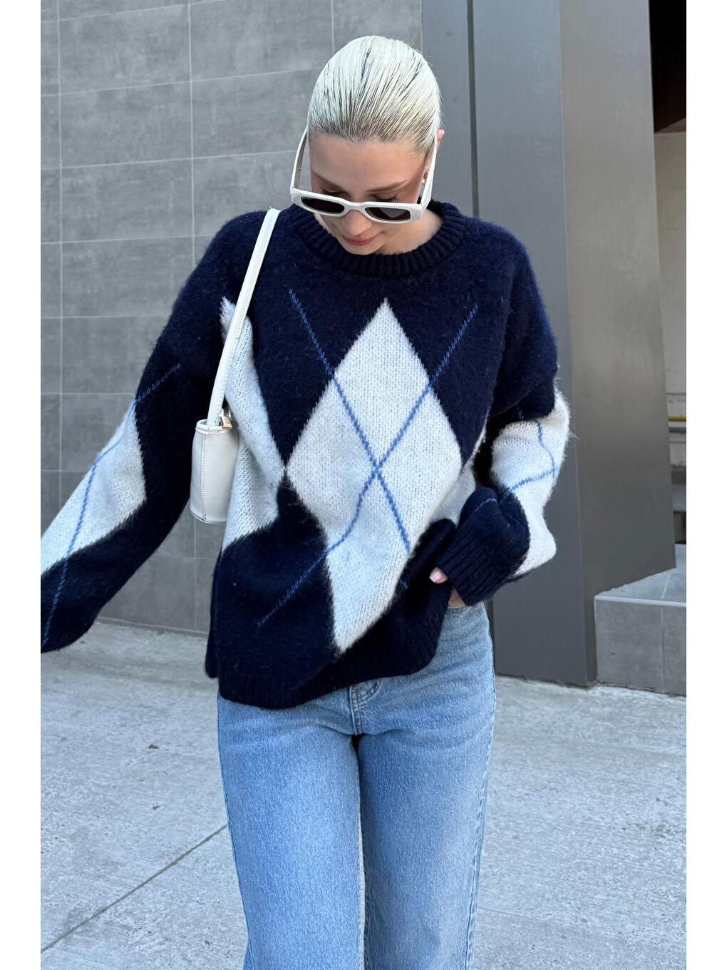 Lacivert Bisiklet Yaka Baklava Desen Kadın Kazak Mg2471-2