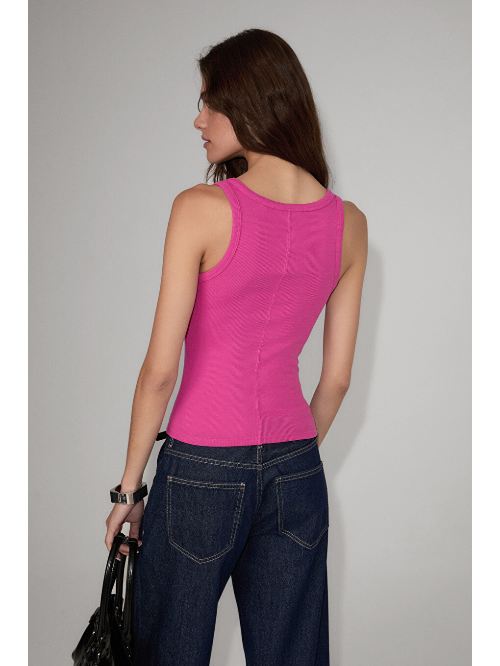 Lıllesol Kadın Fitilli Görünümlü Slim Fit Vücuda Oturan Havuz Yakalı Pamuklu Basic Koyu Fuşya Atlet-4