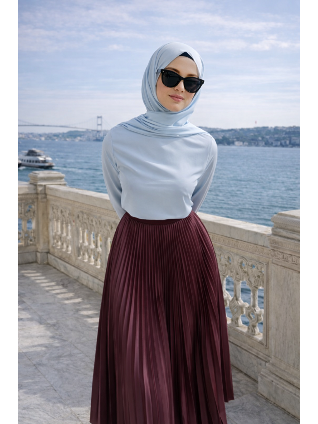 Kadın Premium Pileli Bordo Uzun Tesettür Etek-1