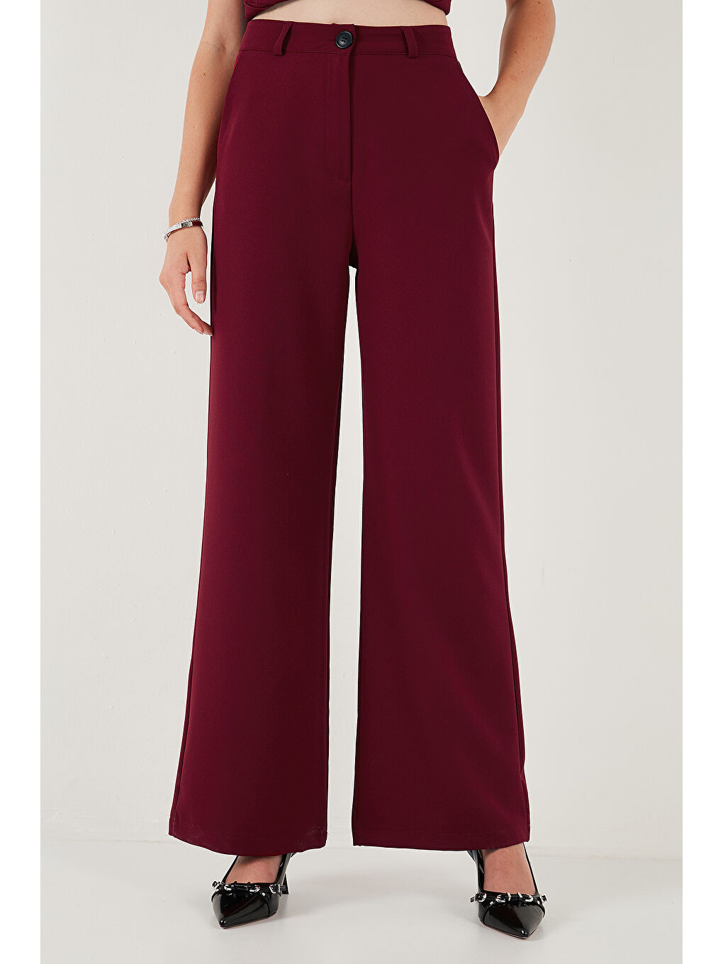 Bordo Wide Leg Orta Yüksek Bel Bol Paça Kadın Kumaş Pantolon 6522974-1