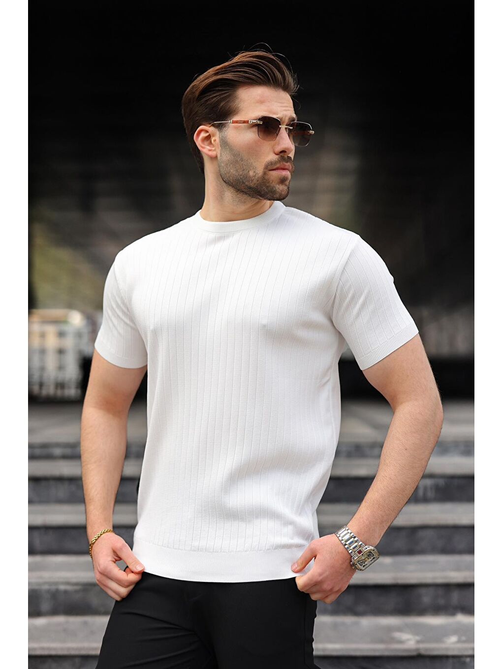 Beyaz Bisiklet Yaka Triko Erkek Tişört E7460