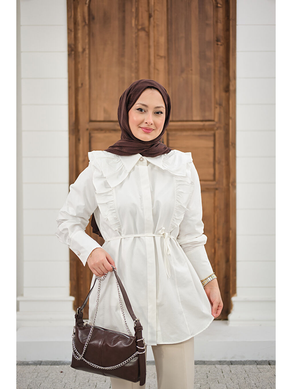 Kadın Yaka Büzgülü Bel Bağlamalı Poplin Gömlek Beyaz-4