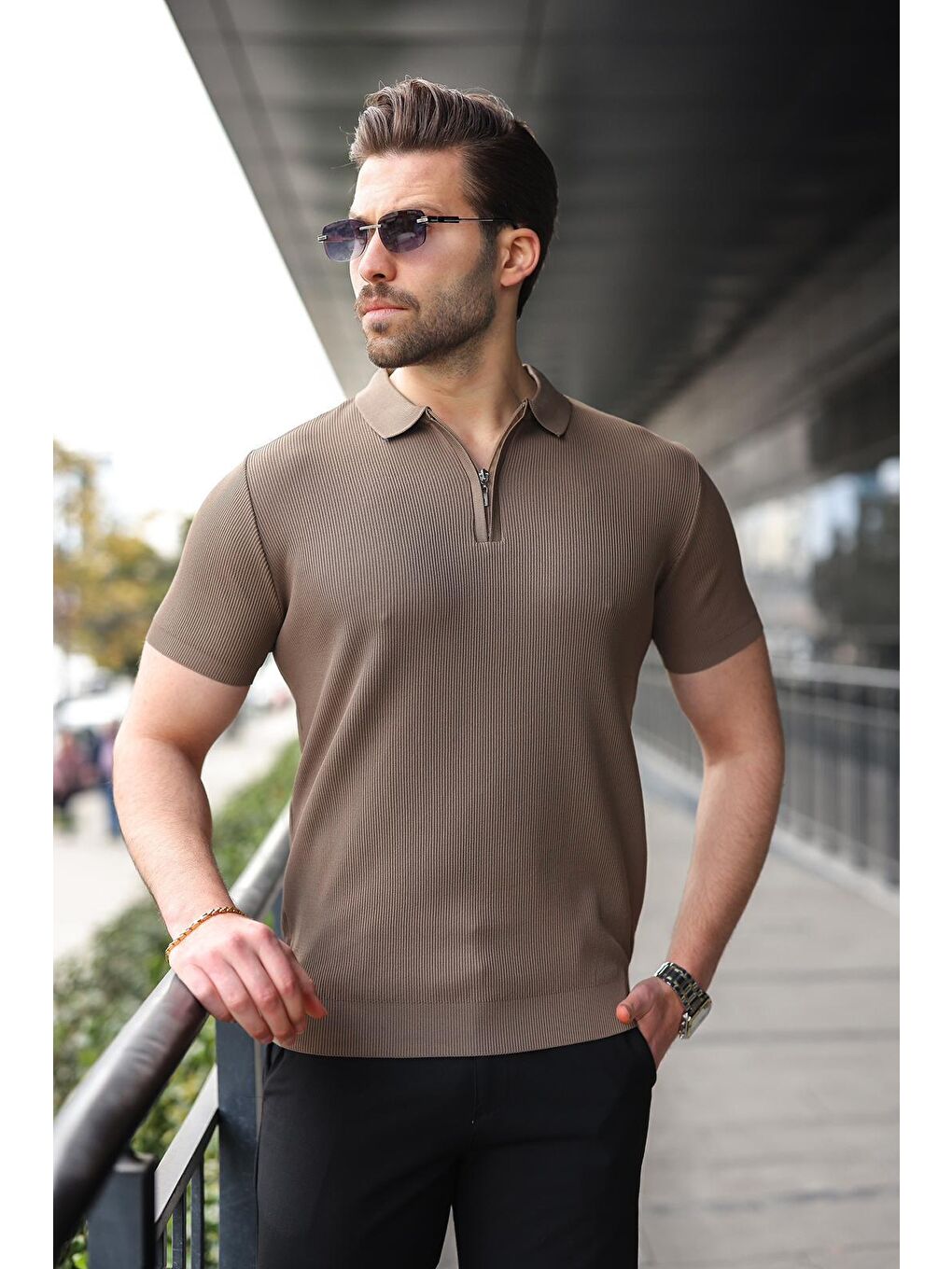 Açık Kahverengi Yarım Fermuarlı Polo Yaka Triko Erkek Tişört E74e59-2