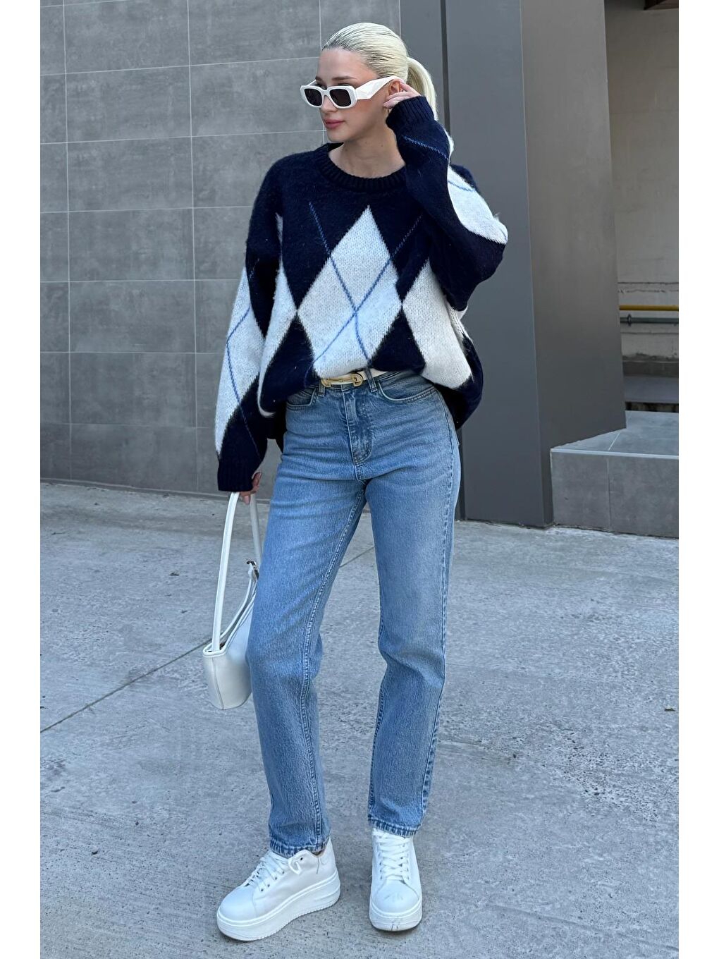 Lacivert Bisiklet Yaka Baklava Desen Kadın Kazak Mg2471-3