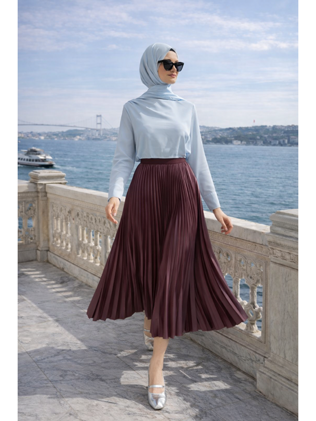 Kadın Premium Pileli Bordo Uzun Tesettür Etek-2