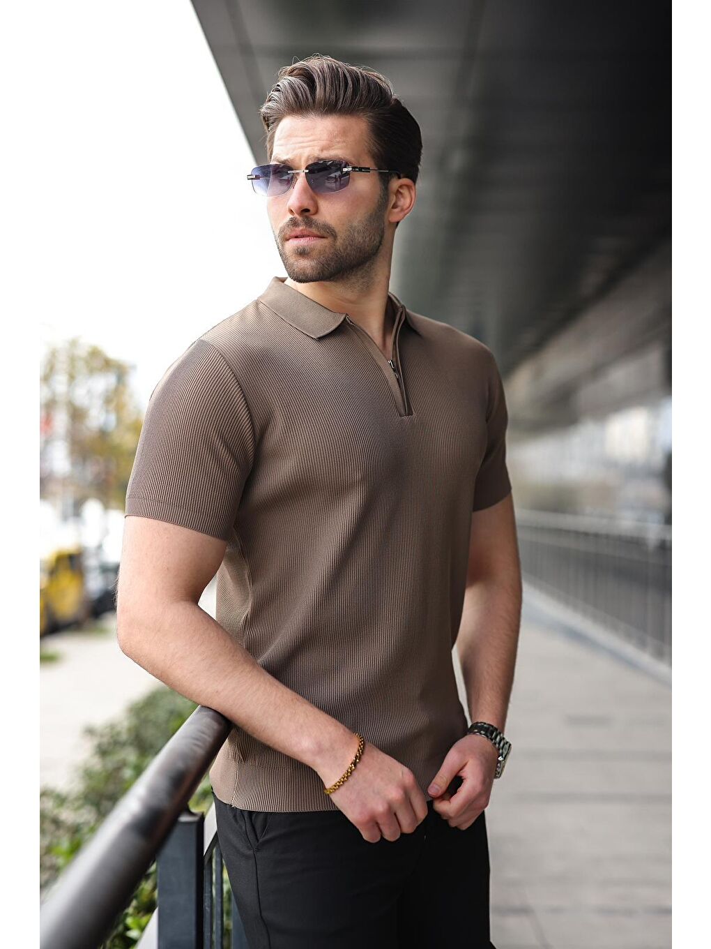 Açık Kahverengi Yarım Fermuarlı Polo Yaka Triko Erkek Tişört E74e59-3