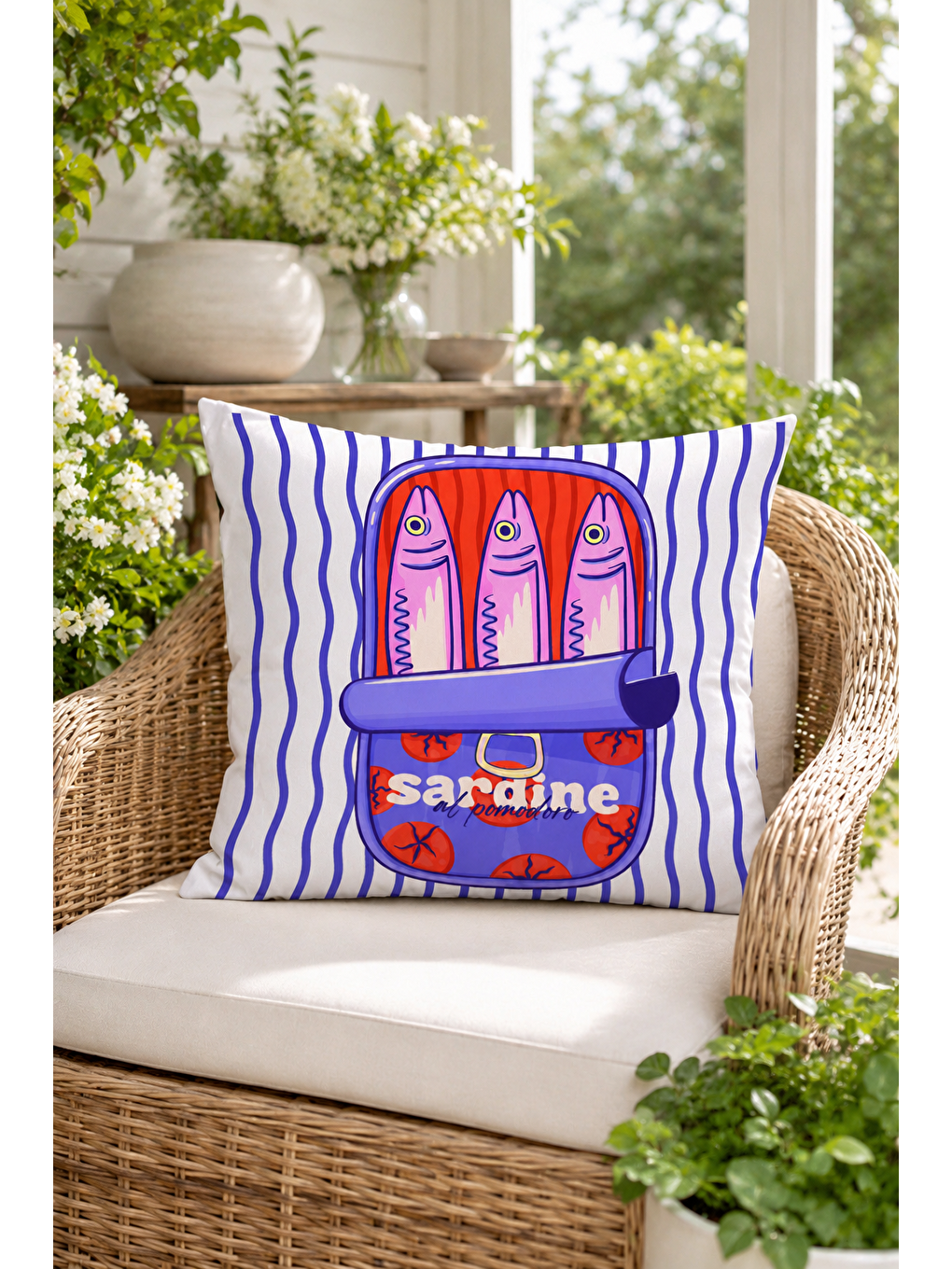 Beyaz Sardine Balık Konservesi Desenli Dekoratif Kırlent Kılıfı Marin Yazlık Dekor 43x43 Cm-7
