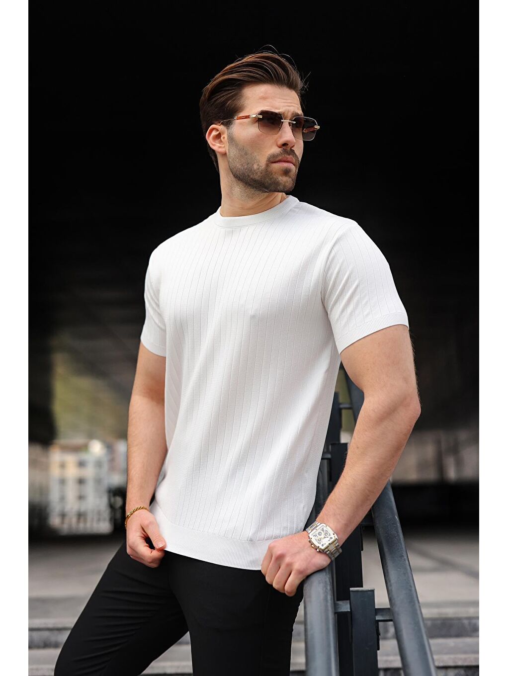 Beyaz Bisiklet Yaka Triko Erkek Tişört E7460-1