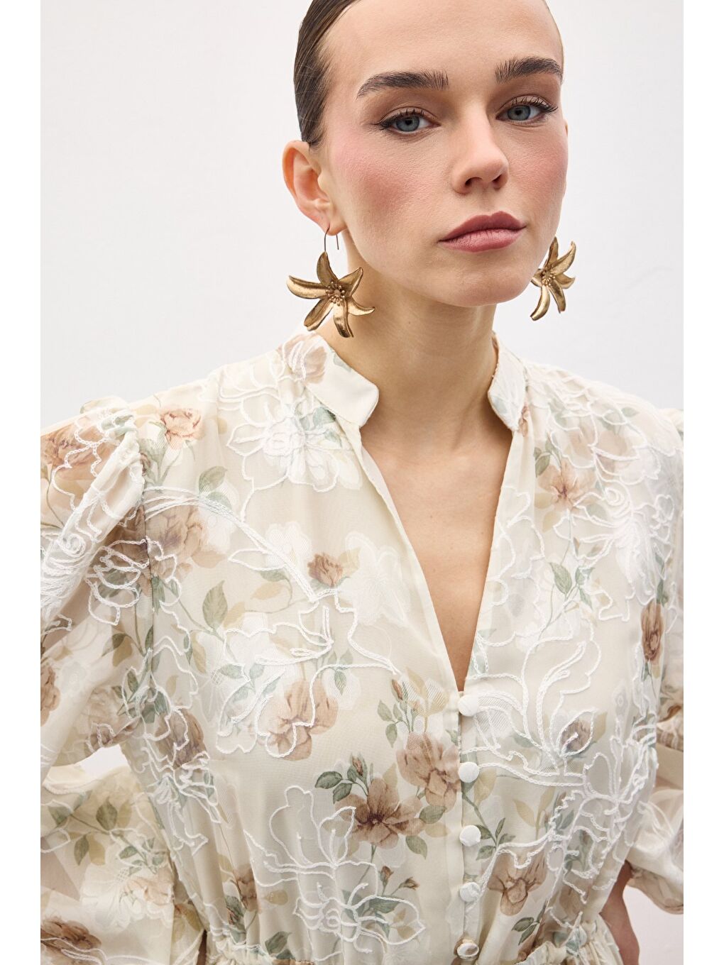 Bej Nakışlı Desenli Uzun Elbise - Vizon-5