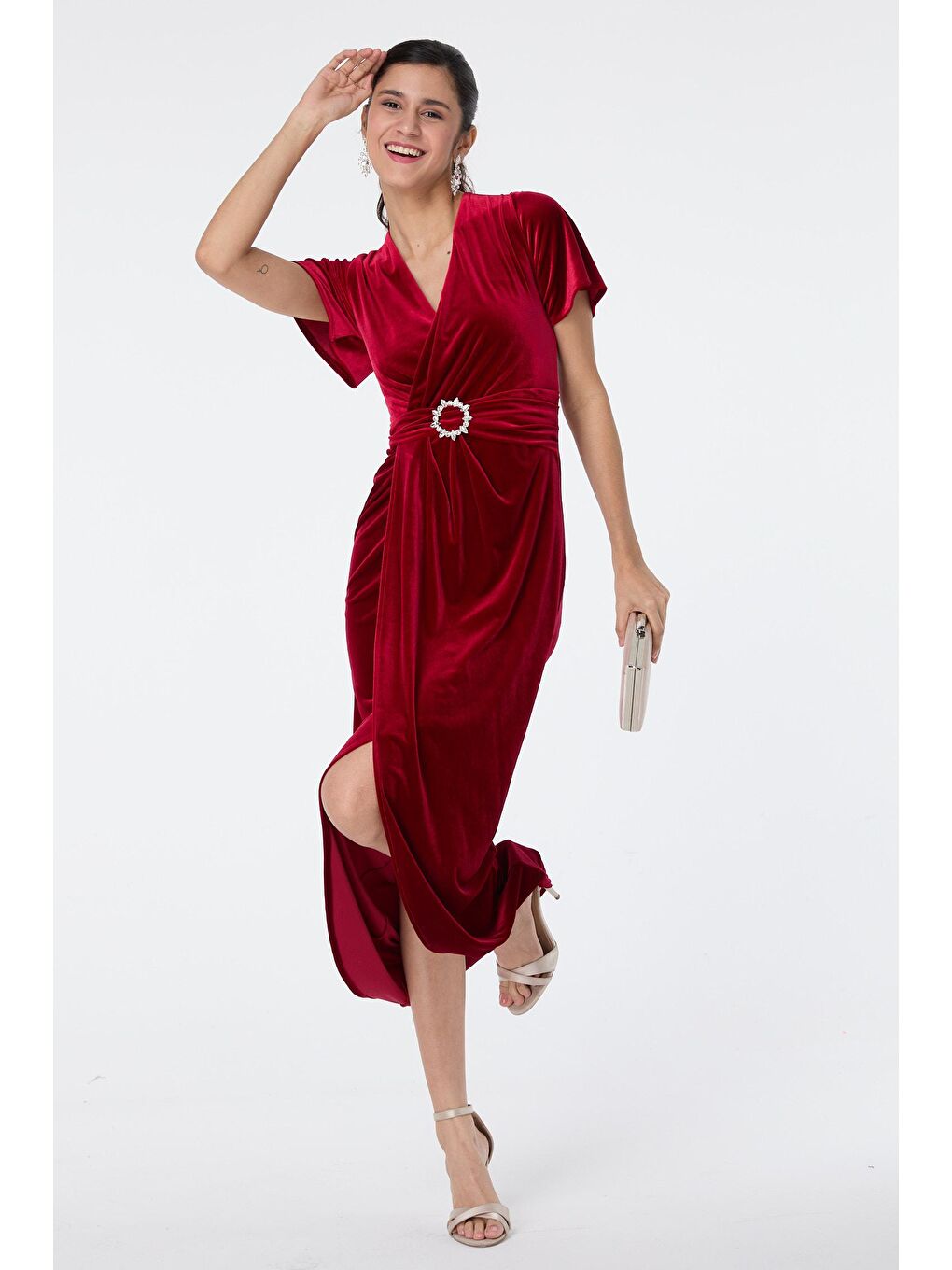 Kruvaze Yaka Kadın Kırmızı Abiye Elbise - 23558-1